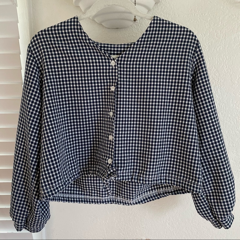 blue plaid cropped button down shirt